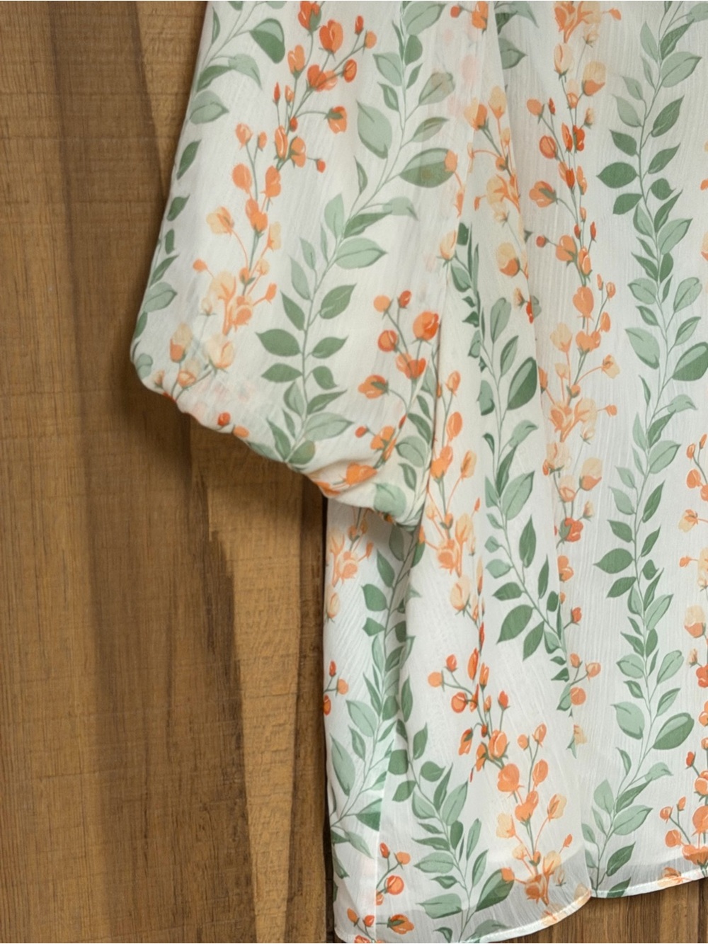 Square-Neck Puff-Sleeve Blouse in White‎ with Orange Floral & Green Leaves - Picture 4 of 6